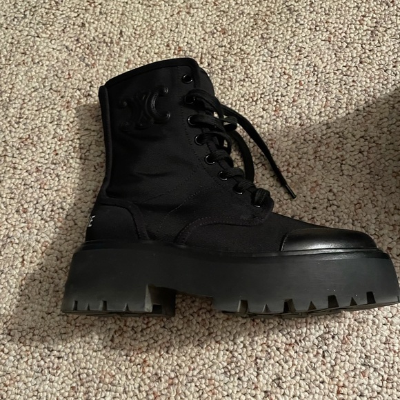 CELINE Canvas Leather Lace Up Combat Boots with Logo Size 35 - Picture 4 of 11